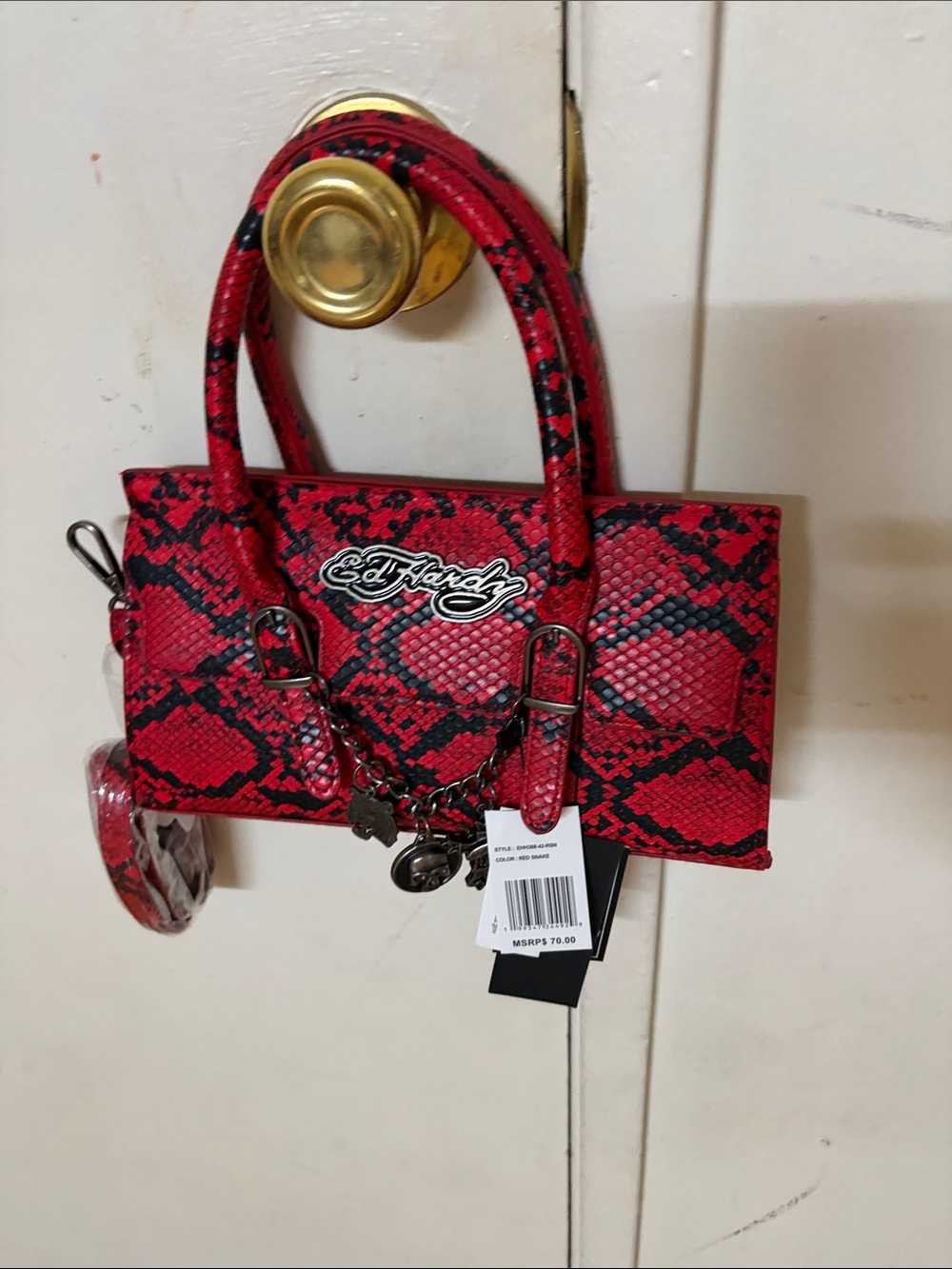 Ed Hardy Red & Black Snake-Print satchel hand bag.